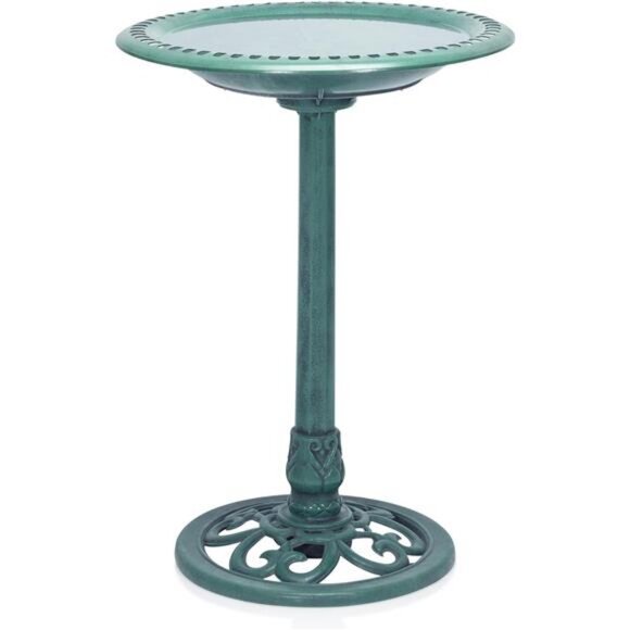 Outdoor Aged Green Pedestal Birdbath with Scrollwork - Picture 1 of 7